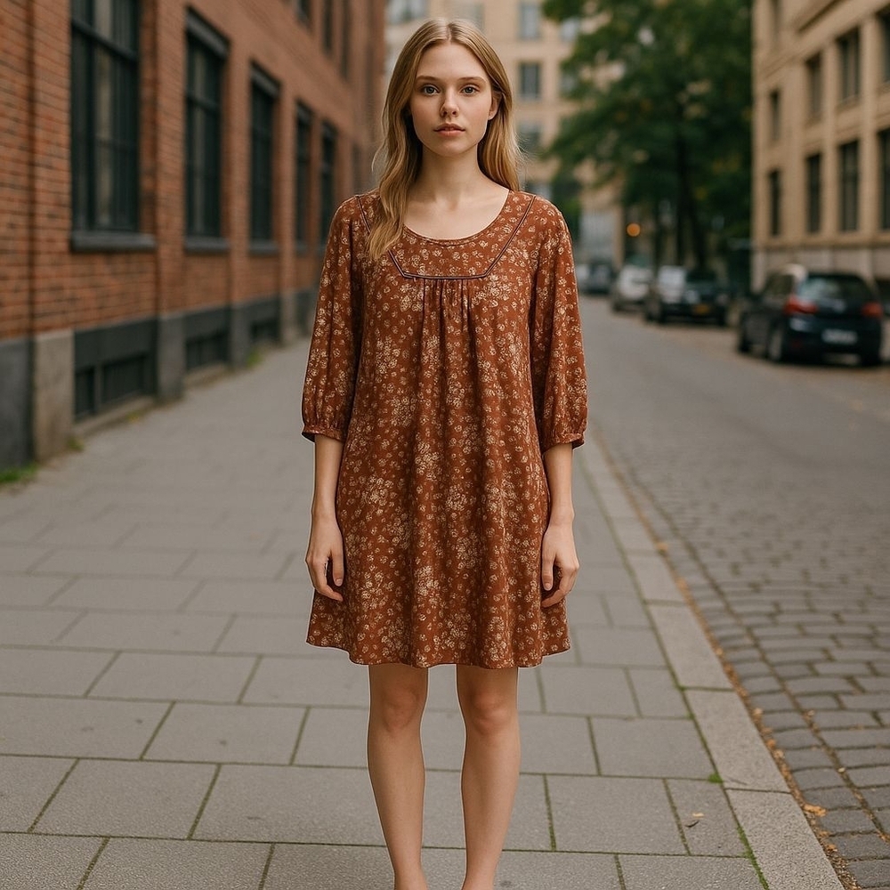 Knox Rose 3/4 Sleeve Linen Blend Shift Dress w Floral Polka Dot Pattern Midi XS